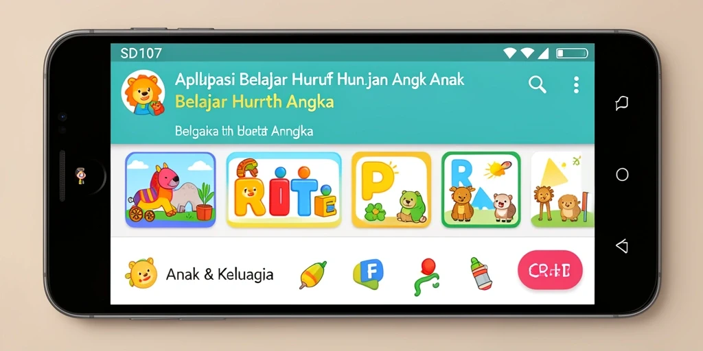 Antarmuka aplikasi SD107 dengan fitur belajar huruf dan angka.